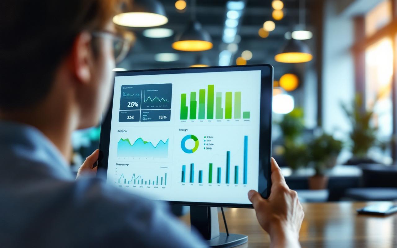 Un écran numérique affichant un rapport sur l'efficacité énergétique dans un environnement de bureau moderne, avec des graphiques et des tableaux détaillés.