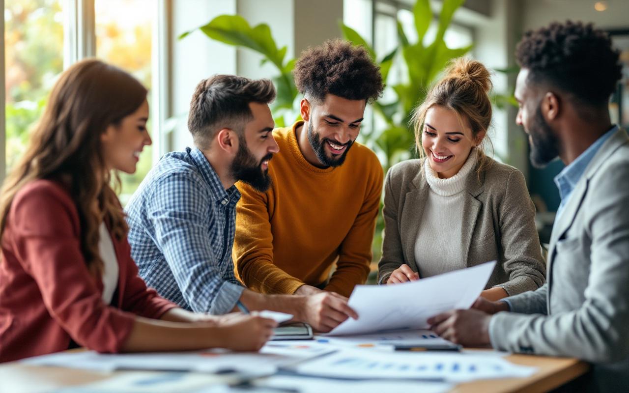 Une équipe de professionnels divers travaillant ensemble sur des stratégies d'efficacité énergétique dans un bureau moderne et lumineux.