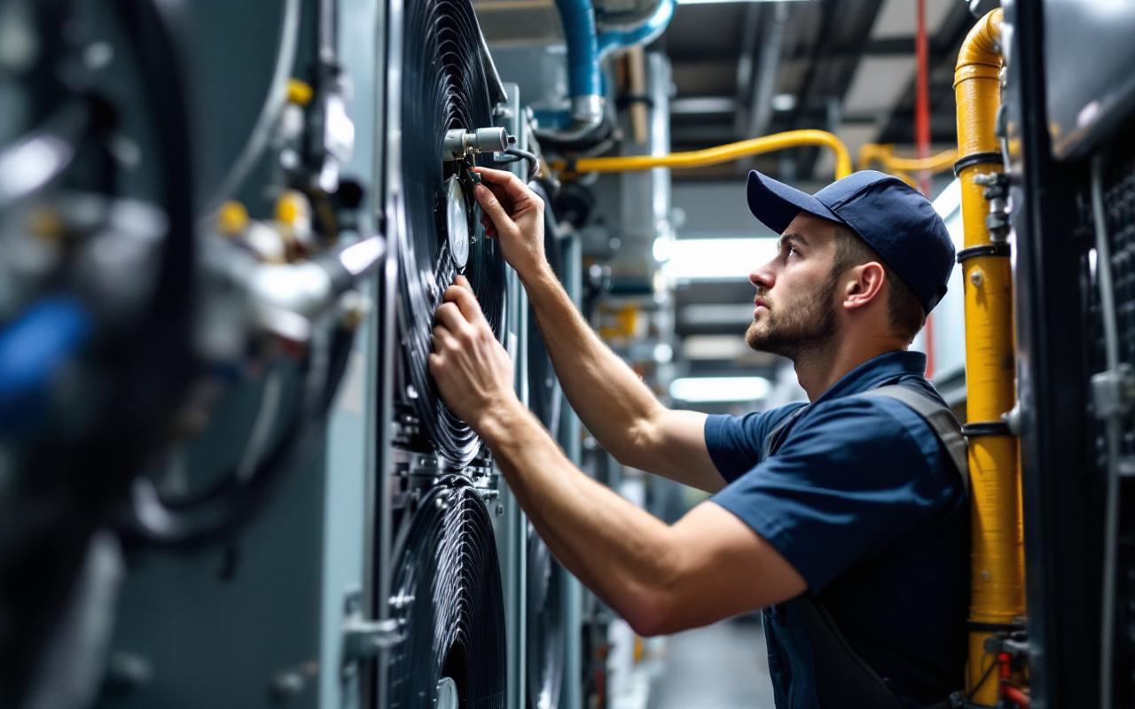 Un professionnel en train de travailler sur un système de climatisation, montrant des détails précis et un environnement intérieur bien éclairé, illustrant son expertise et son attention à la tâche.