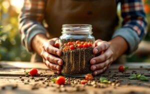 Un jardinier tient un petit bocal en verre contenant des graines de tomate sur une table en bois dans une serre rustique, éclairage naturel doré avec rayons volumétriques, arrière-plan flou