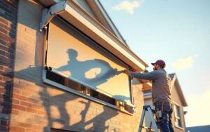 Ouvrier sur une échelle installant un volet roulant solaire sur la façade d'une maison, lumière dorée du soir, ciel bleu, façade en brique et boiseries blanches, scène réaliste et détaillée.