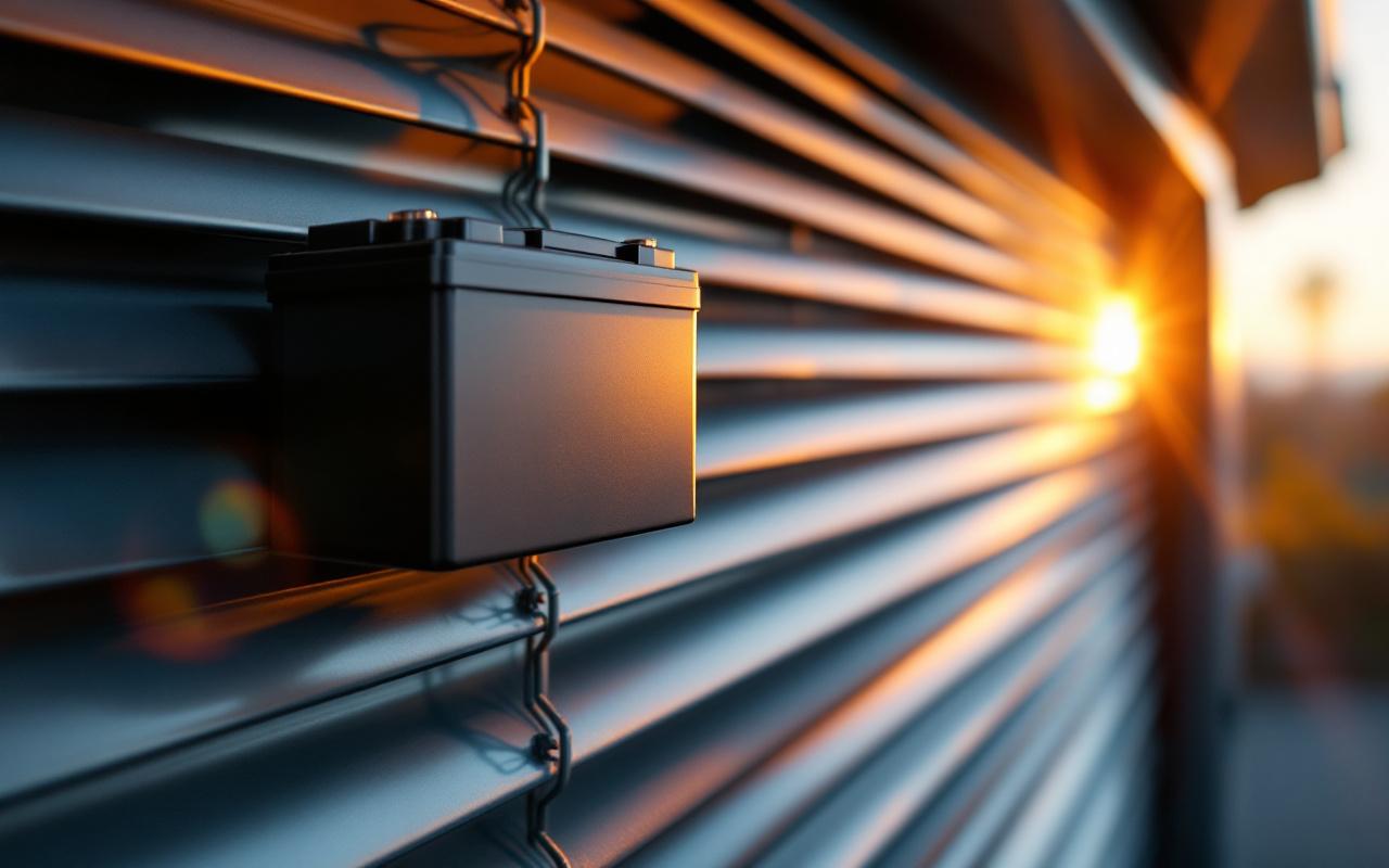 Gros plan d'un panneau solaire compact et d'une batterie fixés sur un volet roulant moderne, textures naturelles, reflet sur le verre, lueur chaude du coucher de soleil, rayons volumétriques et ombres douces.