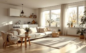 Appartement lumineux en cours de grand nettoyage : cuisine et salon impeccables, surfaces nettoyées avec soin, sols propres, lumière naturelle douce venant des fenêtres.