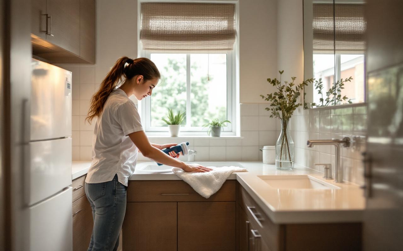 Une femme nettoie minutieusement un logement vide après un déménagement, à l’aide de matériel discret, en polissant les surfaces et en soignant les finitions sur les carreaux et les vitres.