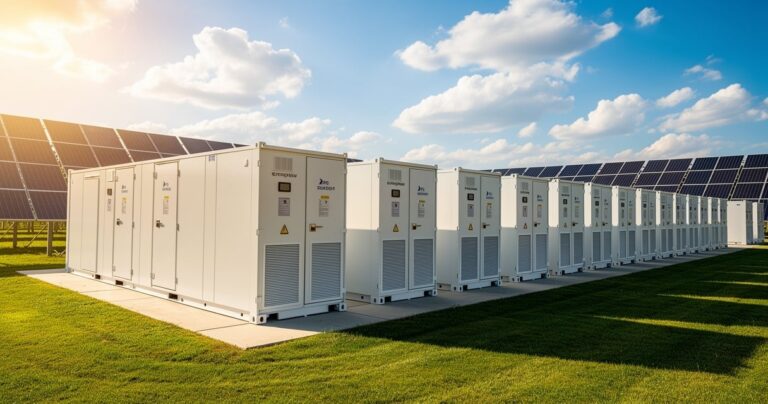 Conteneurs de stockage d'énergie BESS installés dans un parc solaire