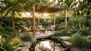 Jardin contemporain écologique avec terrasse ombragée, végétation dense, matériaux naturels et ambiance estivale apaisante.