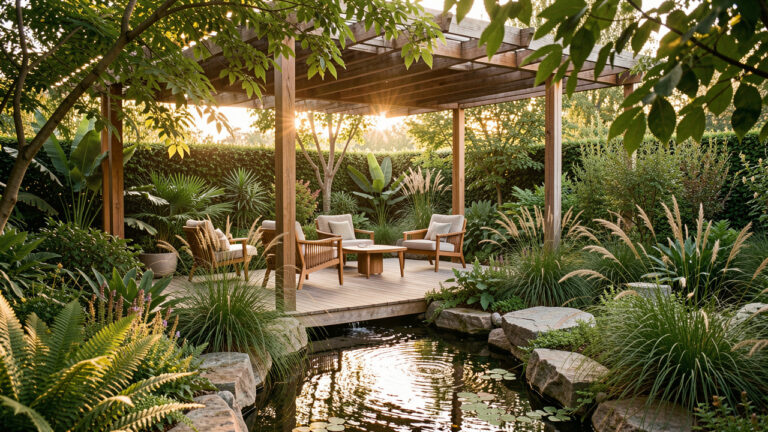 Jardin contemporain écologique avec terrasse ombragée, végétation dense, matériaux naturels et ambiance estivale apaisante.