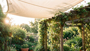 Terrasse de jardin écologique lumineuse avec voile d’ombrage, treillis recouvert de plantes grimpantes et ambiance estivale ensoleillée.