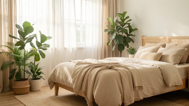 Chambre lumineuse écologique aux matériaux naturels, plantes vertes, linge clair et lumière douce du matin.