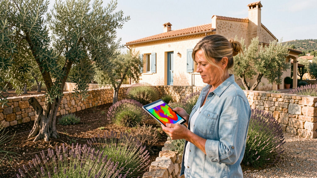 Propriétaire consultant une tablette dans un jardin méditerranéen aux abords d’une maison, entourée de végétation débroussaillée sous une lumière estivale.