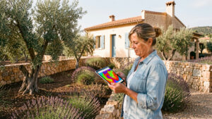 Propriétaire consultant une tablette dans un jardin méditerranéen aux abords d’une maison, entourée de végétation débroussaillée sous une lumière estivale.