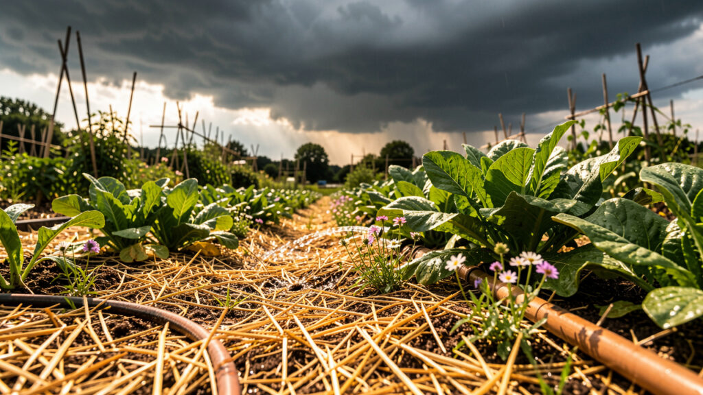Jardin potager en été avec sol paillé, arrosage au pied des plants et nuages menaçants à l’horizon, ambiance éditoriale réaliste.