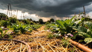 Jardin potager en été avec sol paillé, arrosage au pied des plants et nuages menaçants à l’horizon, ambiance éditoriale réaliste.