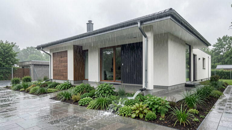 Maison individuelle contemporaine sous une pluie intense, avec des gouttières dirigeant l’eau vers une noue végétalisée éloignée des fondations.