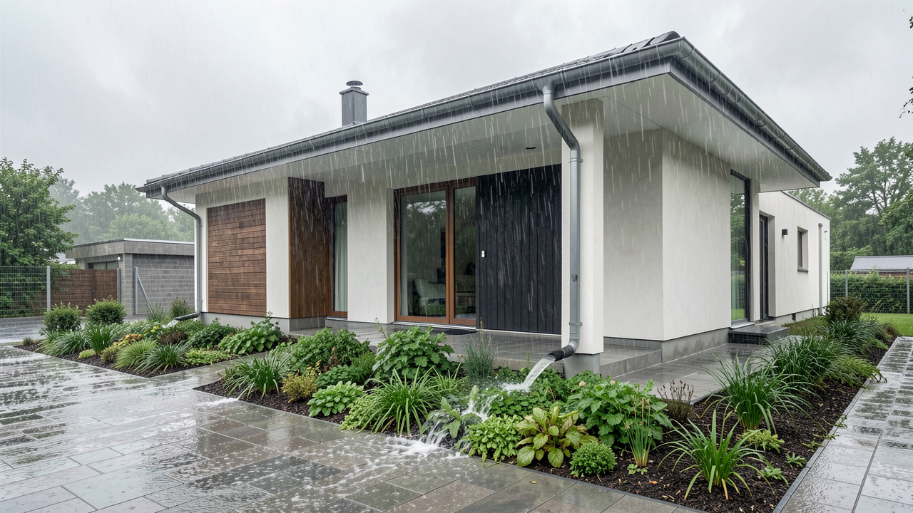 Maison individuelle contemporaine sous une pluie intense, avec des gouttières dirigeant l’eau vers une noue végétalisée éloignée des fondations.