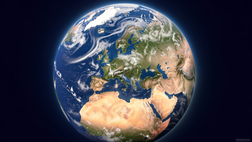 Illustration réaliste de la Terre vue depuis l’hémisphère Nord, montrant un courant-jet polaire sinueux au-dessus de l’Europe et un contraste marqué entre masses d’air froides bleues et masses d’air chaudes orangées.