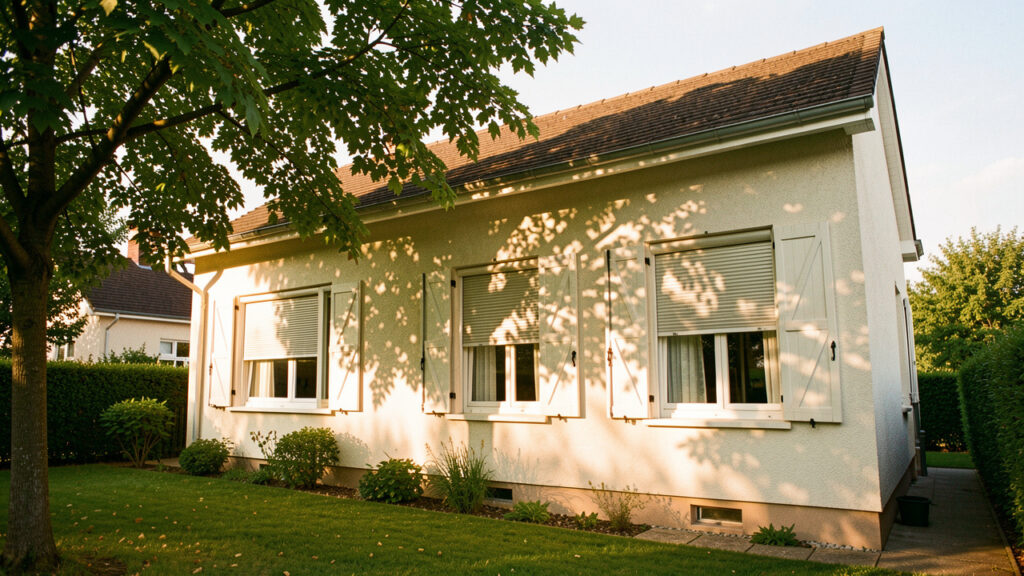 Maison individuelle en été, avec stores extérieurs baissés, volets entrouverts et arbre feuillu projetant une ombre douce dans une lumière chaude.