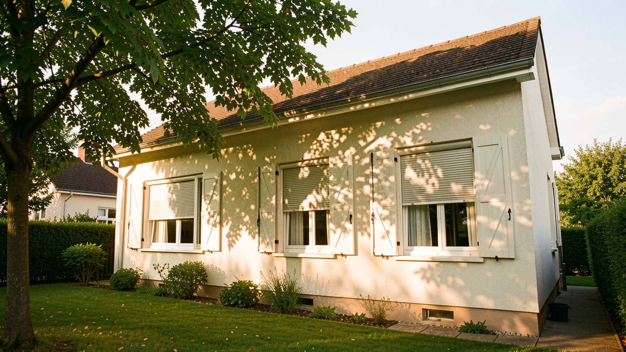 Maison individuelle en été, avec stores extérieurs baissés, volets entrouverts et arbre feuillu projetant une ombre douce dans une lumière chaude.