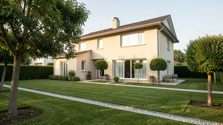 Maison individuelle entourée d’un jardin soigneusement débroussaillé, avec herbes courtes, arbres élagués et bande minérale le long de la façade, sous une lumière estivale.