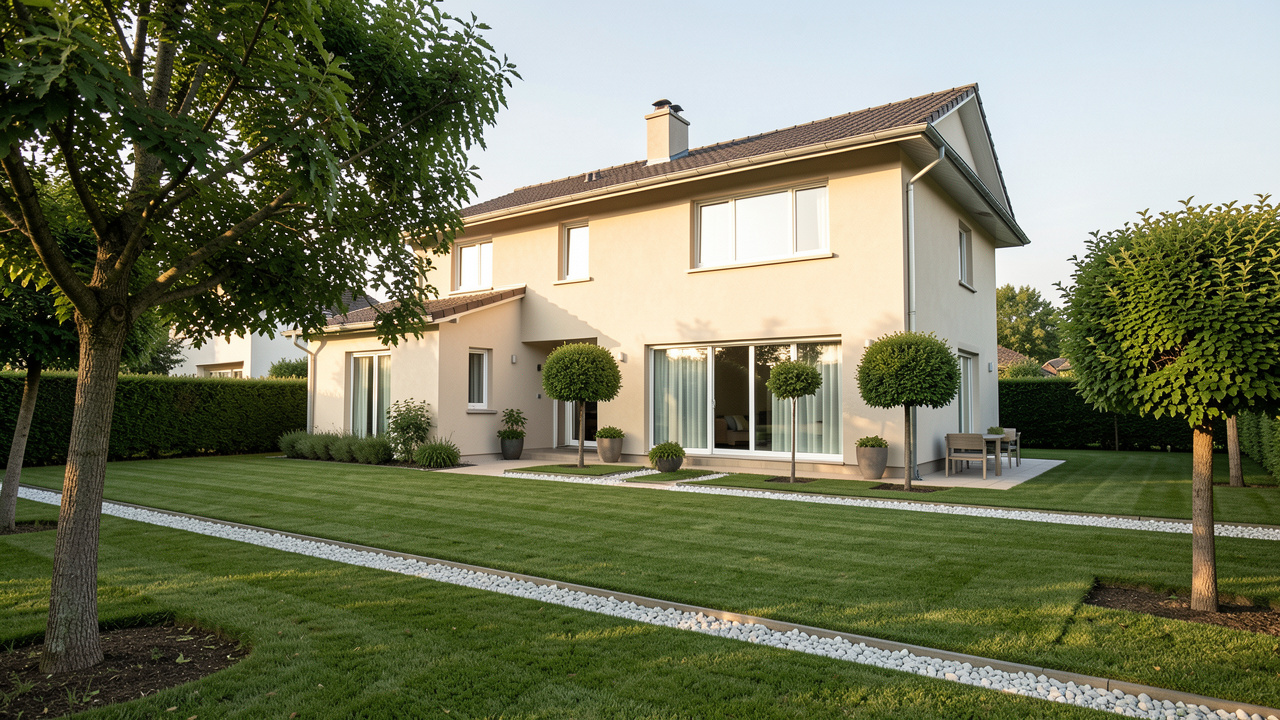 Maison individuelle entourée d’un jardin soigneusement débroussaillé, avec herbes courtes, arbres élagués et bande minérale le long de la façade, sous une lumière estivale.