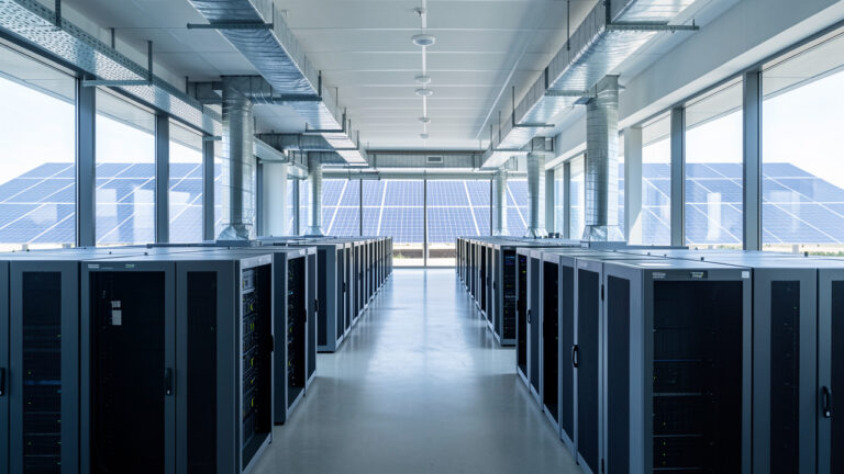Centre de données moderne en Espagne avec des rangées de serveurs, un système de refroidissement à air et des panneaux solaires visibles à l’extérieur.