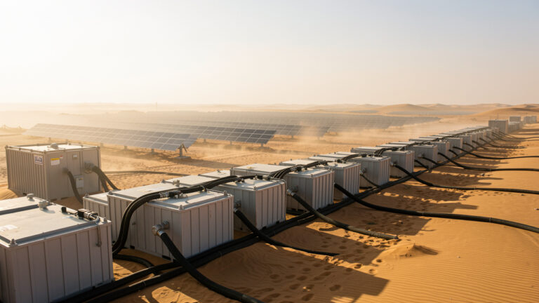 Rangées de conteneurs de stockage d’énergie BESS reliés par des câbles à une vaste centrale solaire dans le désert saoudien, éclairées par la lumière dorée de fin de journée.