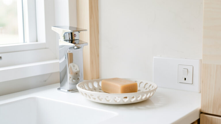 Cuisine et salle de bain lumineuses présentant un mousseur de robinet, un savon solide sur un porte-savon ajouré et une multiprise à interrupteur.
