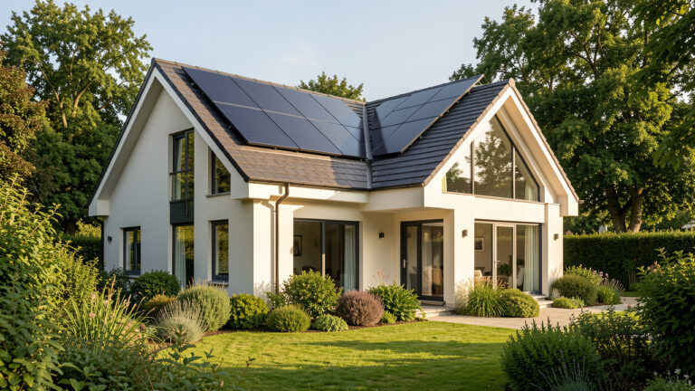 Maison individuelle rénovée avec isolation visible, panneaux solaires sur le toit et jardin verdoyant éclairé par la lumière naturelle.