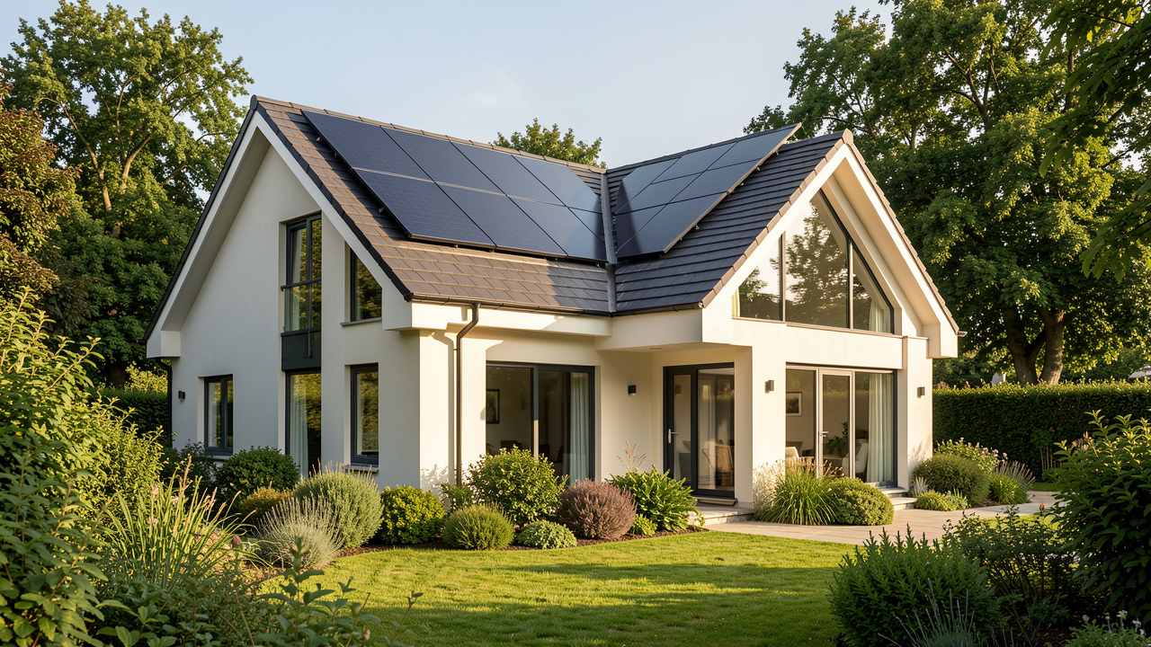 Maison individuelle rénovée avec isolation visible, panneaux solaires sur le toit et jardin verdoyant éclairé par la lumière naturelle.