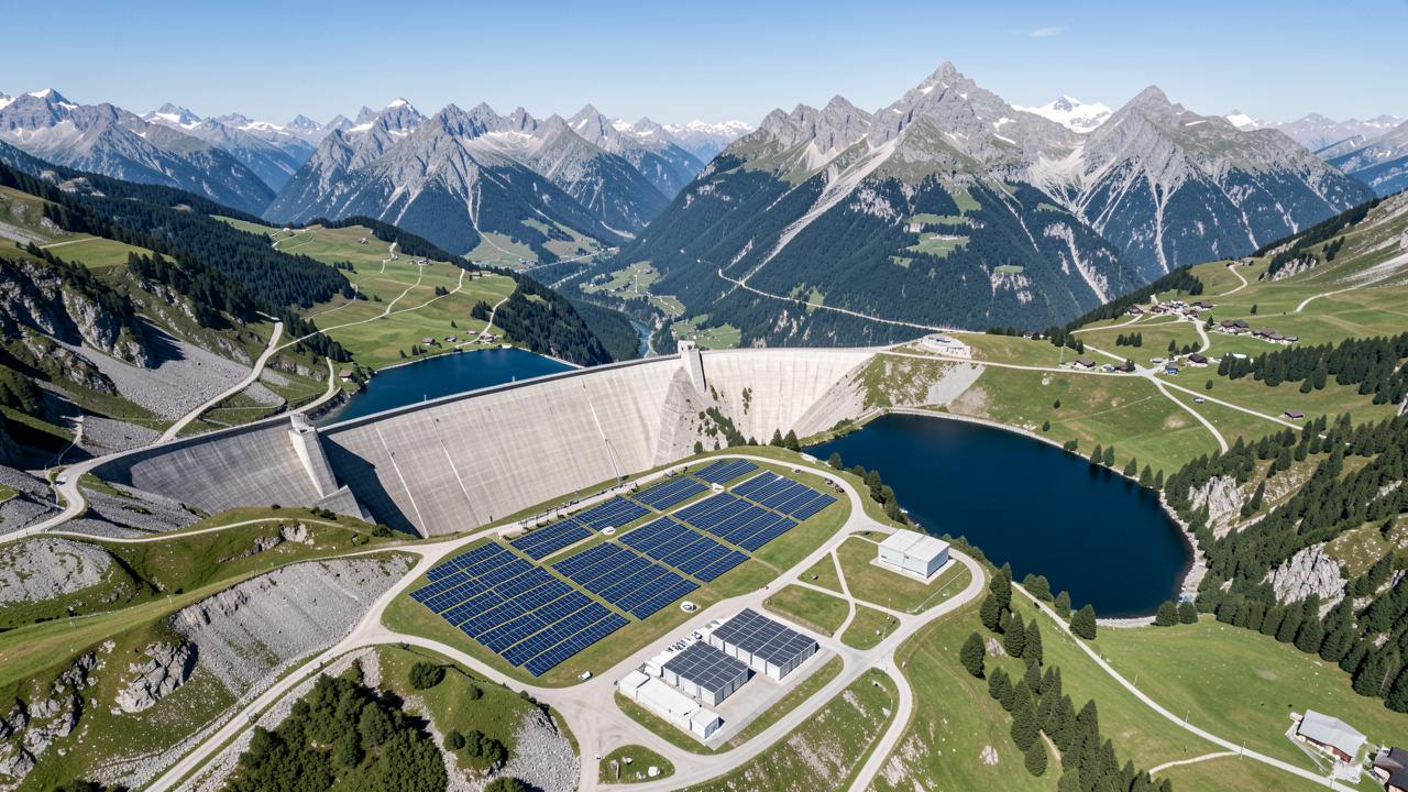 Vue aérienne réaliste d’un paysage alpin suisse montrant un barrage hydroélectrique, des panneaux solaires et une installation discrète de batteries stationnaires sous une lumière claire de montagne.