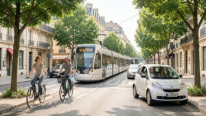Rue française apaisée avec piétons, cyclistes, tramway, voiture partagée et végétation urbaine sous une lumière naturelle.