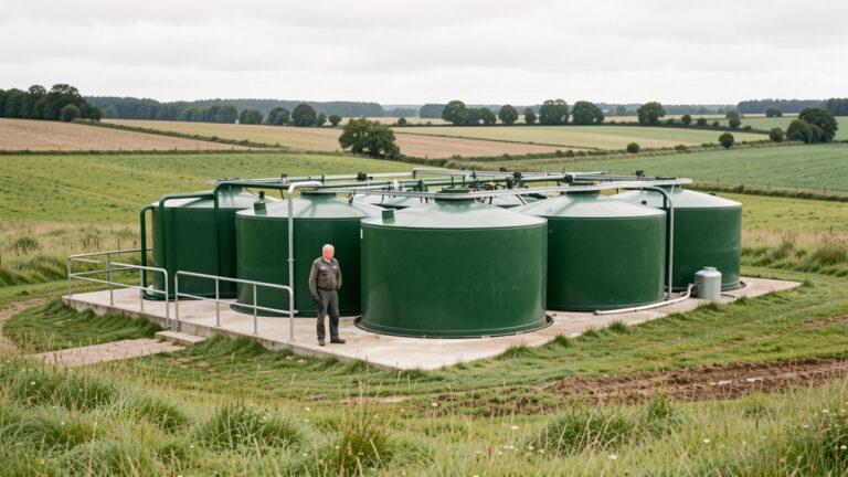 Unité française de méthanisation agricole avec de grandes cuves vertes au milieu de prairies, observée par un éleveur sous une lumière douce.