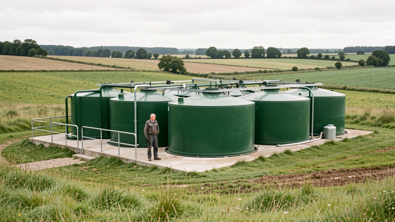 Unité française de méthanisation agricole avec de grandes cuves vertes au milieu de prairies, observée par un éleveur sous une lumière douce.