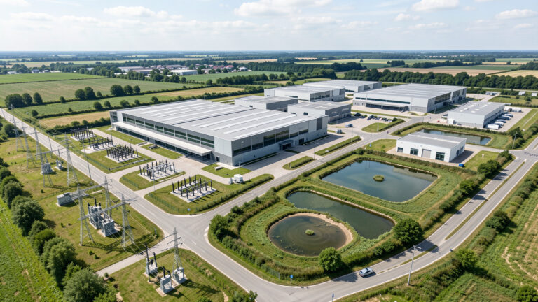 Vue aérienne réaliste d’un data center moderne en France, entouré de postes électriques, de végétation et de bassins de récupération des eaux sous une lumière naturelle.