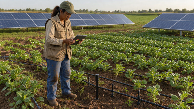 Une agricultrice utilise une tablette et un capteur d’humidité dans un champ cultivé, avec des panneaux solaires et une irrigation goutte-à-goutte en arrière-plan.