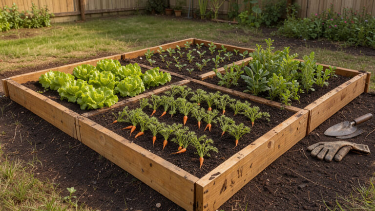 Carré potager en bois rempli de terre fertile et organisé en compartiments avec des légumes, des herbes aromatiques et de jeunes plants dans un jardin baigné de lumière matinale.