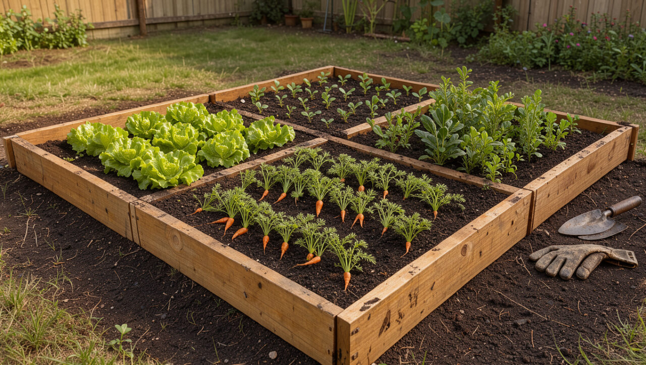Carré potager en bois rempli de terre fertile et organisé en compartiments avec des légumes, des herbes aromatiques et de jeunes plants dans un jardin baigné de lumière matinale.