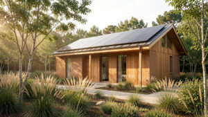 Maison bioclimatique contemporaine en bois et terre, équipée de panneaux solaires et entourée d’un jardin naturel baigné par la douce lumière du matin.