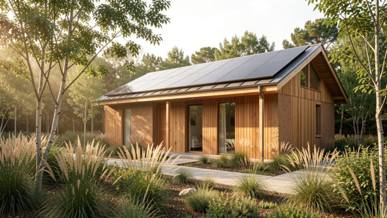 Maison bioclimatique contemporaine en bois et terre, équipée de panneaux solaires et entourée d’un jardin naturel baigné par la douce lumière du matin.