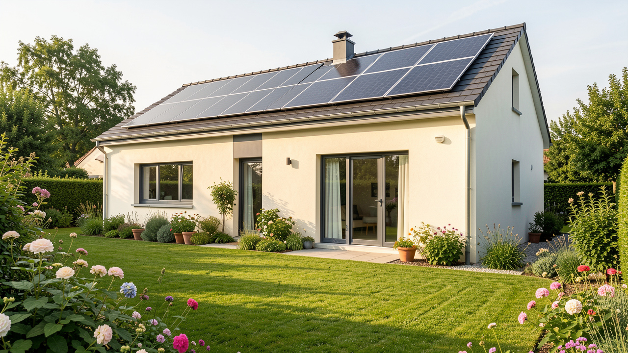 Maison individuelle rénovée en Essonne avec isolation moderne, panneaux solaires sur le toit et jardin verdoyant baigné de lumière naturelle.