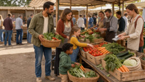 Une famille choisit des légumes biologiques sur un étal de marché local tandis qu’une femme règle ses achats avec une carte de paiement alimentaire.
